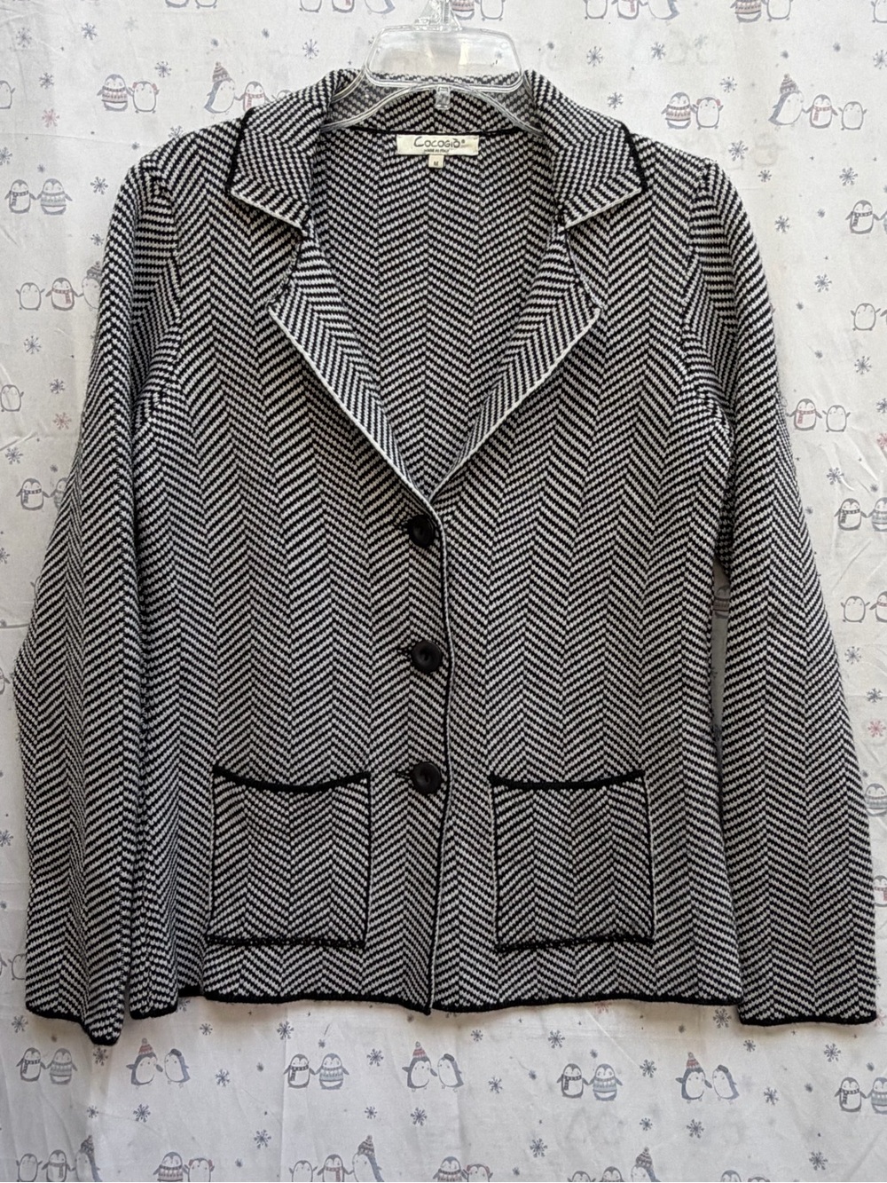 Cocogio Italy Classic Herringbone Black & White Blazer Jacket Button Pockets. M